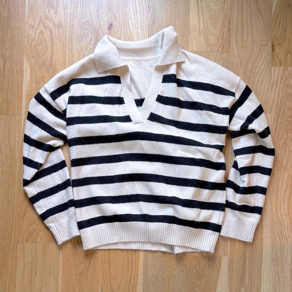 Striped Black and Cream Collared V-Neck Sweater